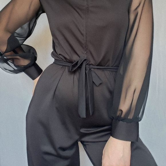 Vintage jumpsuit sheer sleeves turtleneck 80s zipper straight leg balloon sleeve - Picture 3 of 8